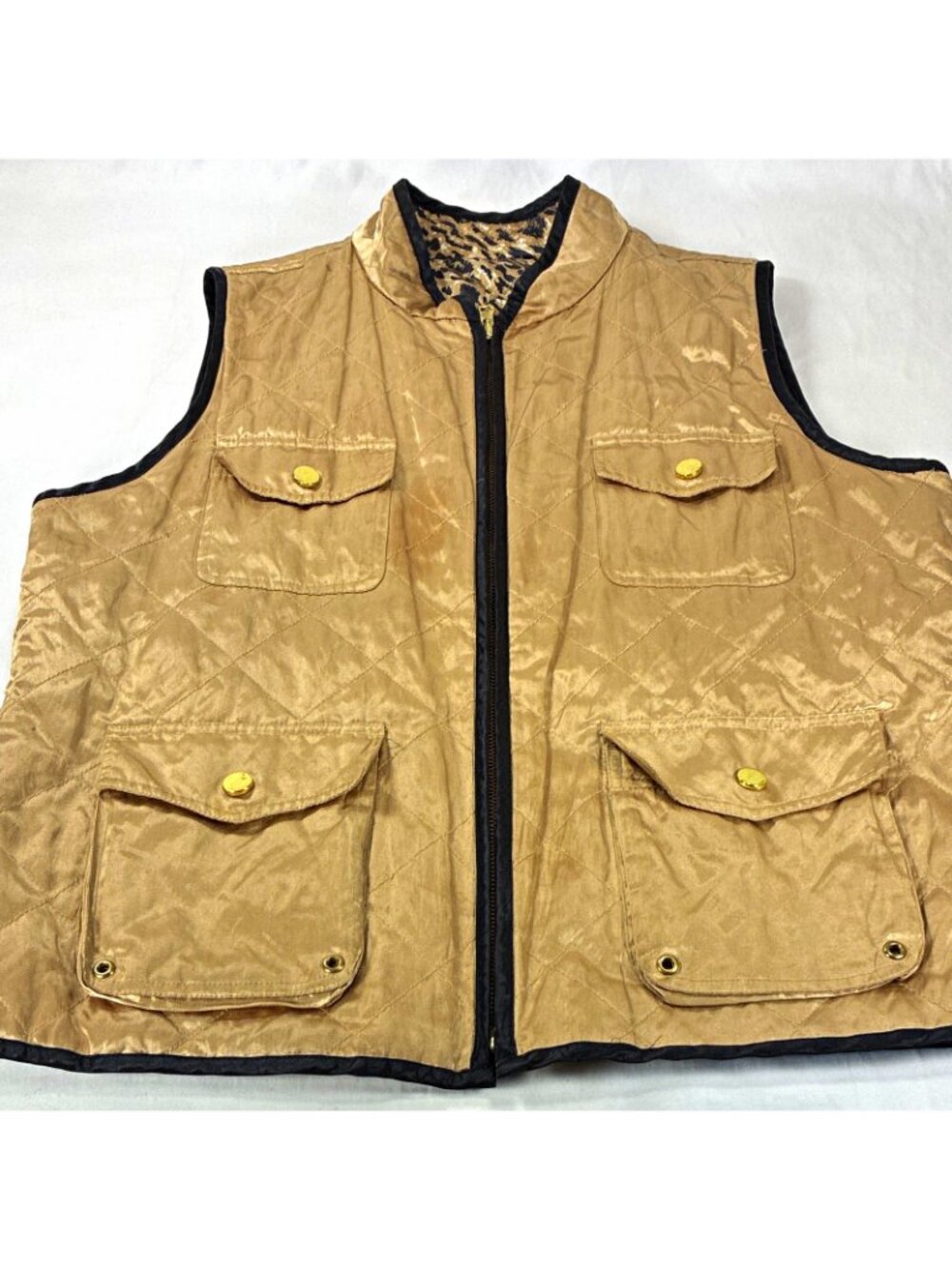 Unbranded Womens Reversible Quilted Vest Large Leopard Print Tan Satin Gold Snap